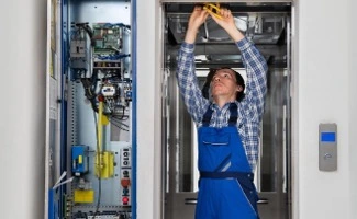 Técnico realizando tareas de mantenimiento y revisión de un ascensor comunitario, trabajando sobre los sistemas mecánicos y eléctricos de la instalación.
