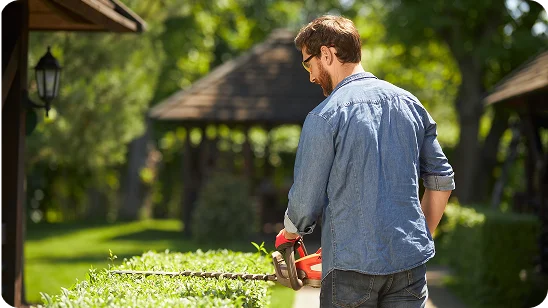 imagen de un jardinero recortando el seto con una maquina 