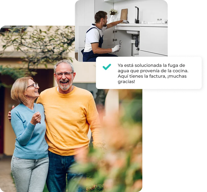 collage imagenes de vecinos sonrientes, fontanero y mensaje en la app relacionados con la fuga de agua solucionada
